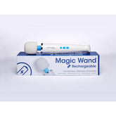 The Magic Wand Rechargeable HV-270 Personal Massager from Magic Wand rests gracefully on its box, featuring a sleek white design with blue buttons and a rounded head. Emphasizing "cordless convenience" and "variable speed," it delivers powerful vibrations and a flexible neck for enhanced comfort.